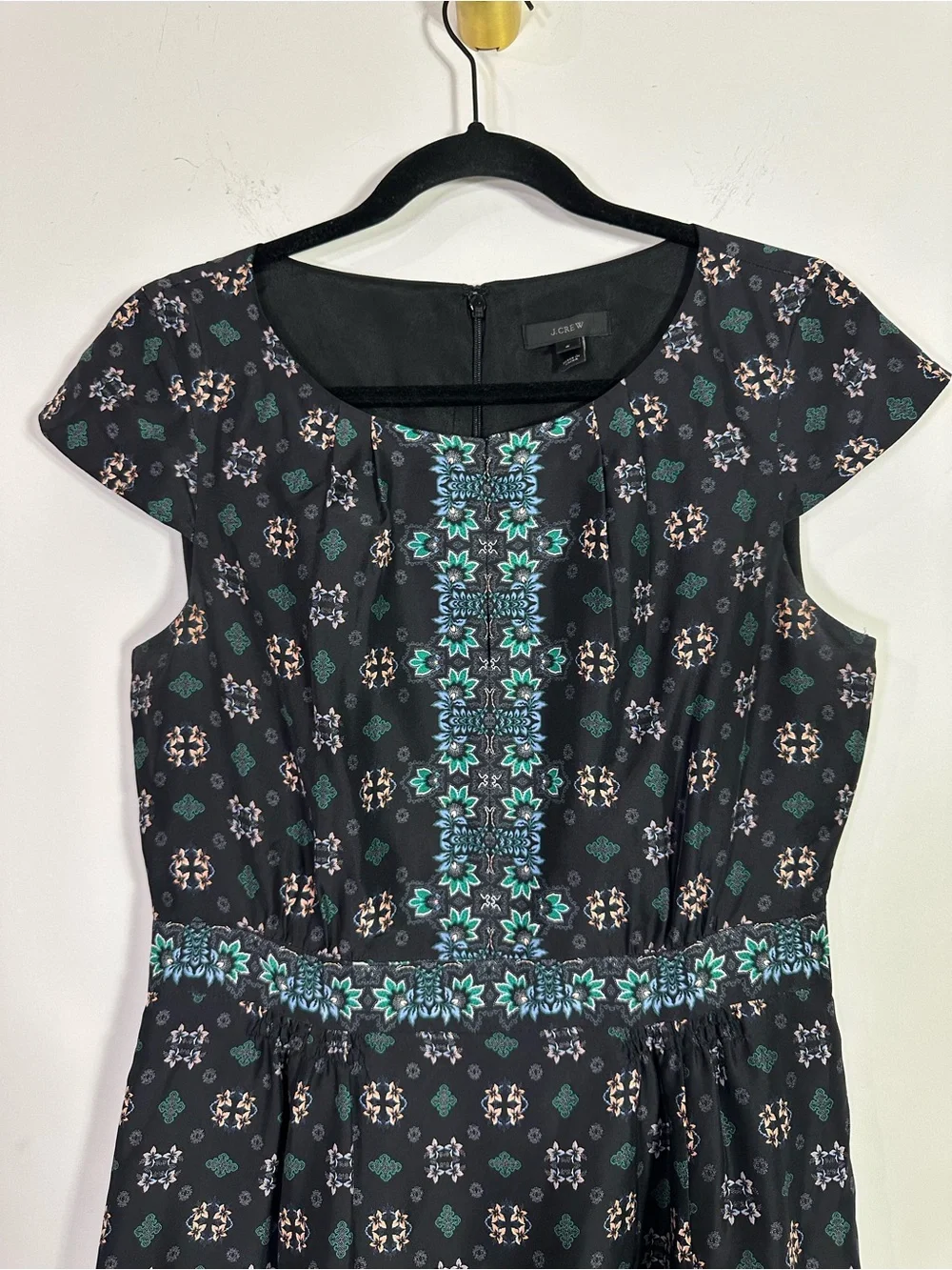 J. Crew Short Cap Sleeve Split Crewneck Geometric Tile Print Silk Mini Dress
